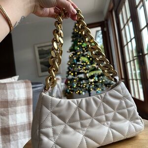Mango- Elegant Cream Quilted Handbag with Gold Chain